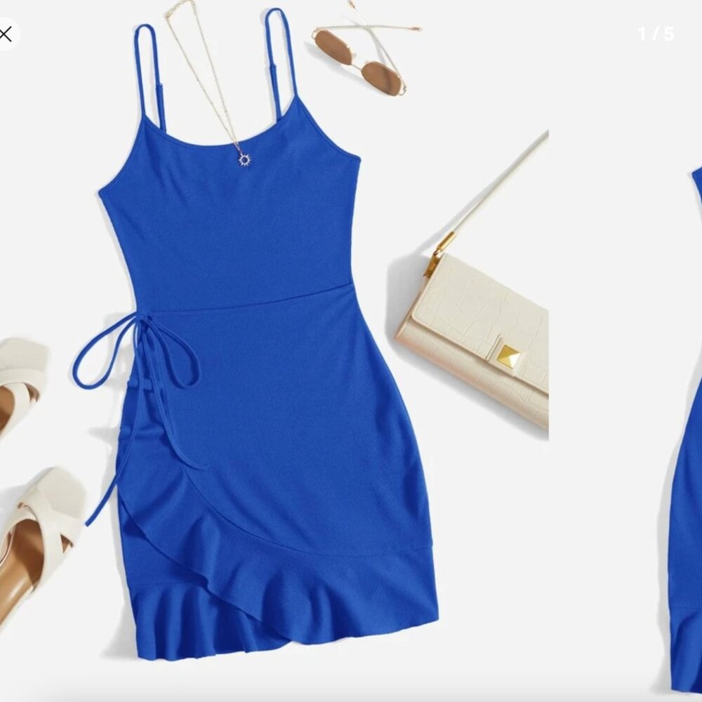 SHEIN Solid Ruffle Trim Wrap Knot Side Cami Dress